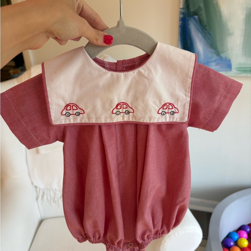 Adorable Pink Car Embroidered Kids One Piece